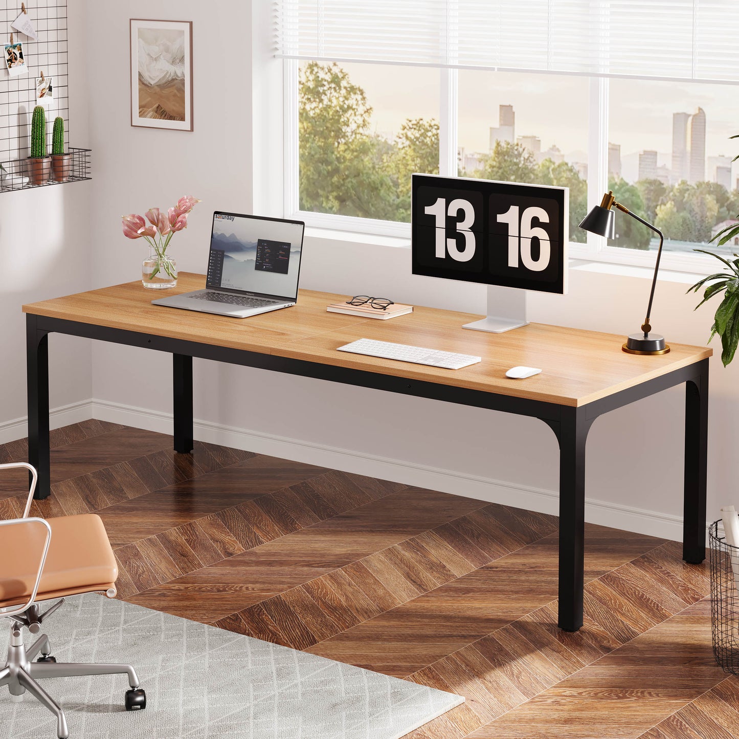 Lantine 78.7 - inch Computer Desk with Sturdy Wood Top, 2 Person Extra Long Desk, Large Modern Executive Desk, Thick Metal Frame, Suitable for Home Office, Study and Gaming, Woodtone and Black