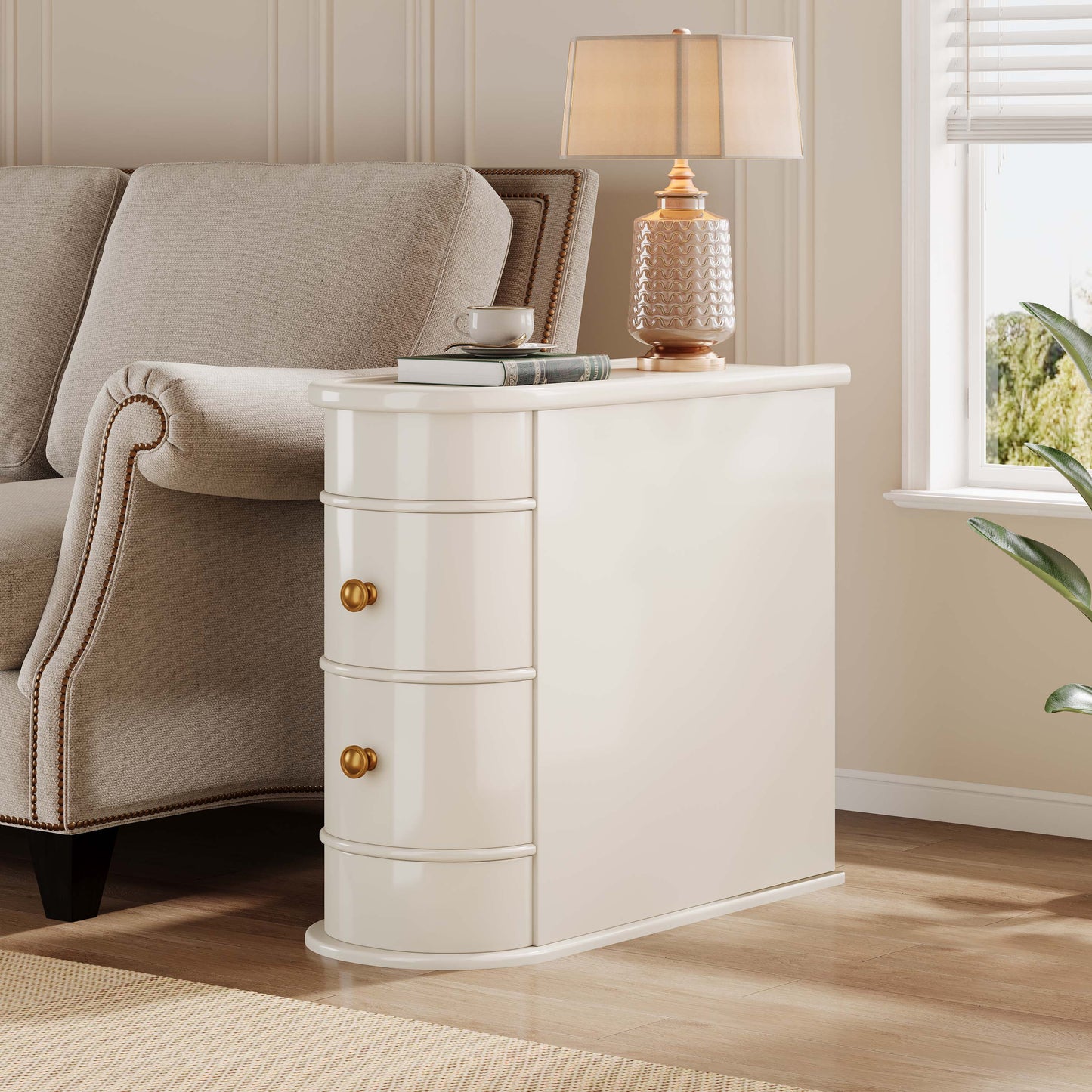 Lantine Solid Wood Side Table with 2 Drawers, No Assembly Required, Narrow End Tables for Living Room, Nightstand Bedside Table for Bedroom, White