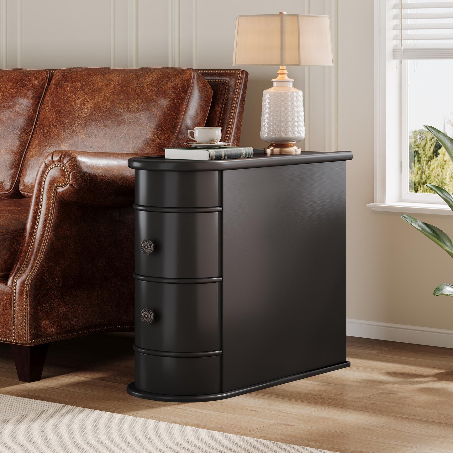 Lantine Solid Wood Side Table with 2 Drawers, No Assembly Required, Narrow End Tables for Living Room, Nightstand Bedside Table for Bedroom, Black