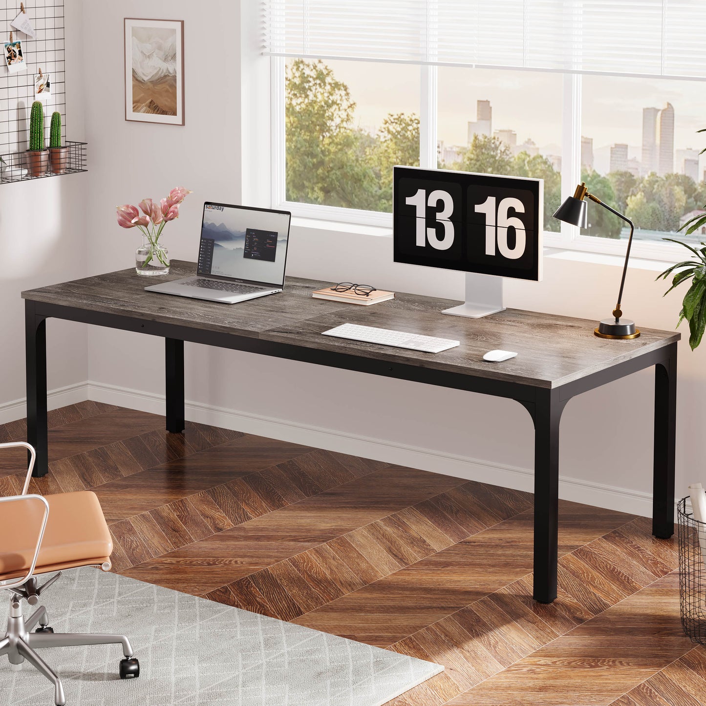 Lantine 78.7 - inch Computer Desk with Sturdy Wood Top, 2 Person Extra Long Desk, Large Modern Executive Desk, Thick Metal Frame, Suitable for Home Office, Study and Gaming, Dark Grey and Black