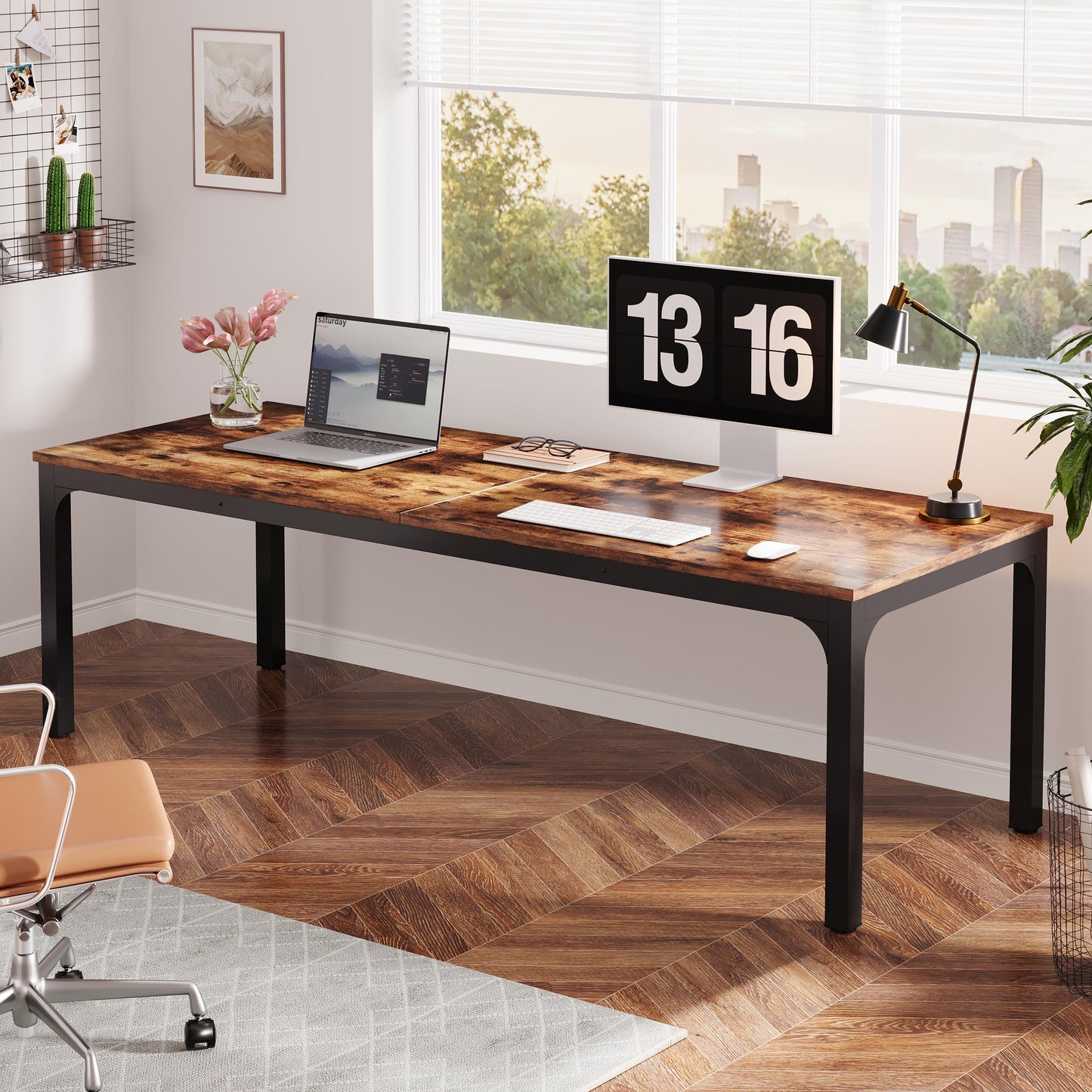 Lantine 78.7 - inch Computer Desk with Sturdy Wood Top, 2 Person Extra Long Desk, Large Modern Executive Desk, Thick Metal Frame, Suitable for Home Office, Study and Gaming, Warm Brown and Black