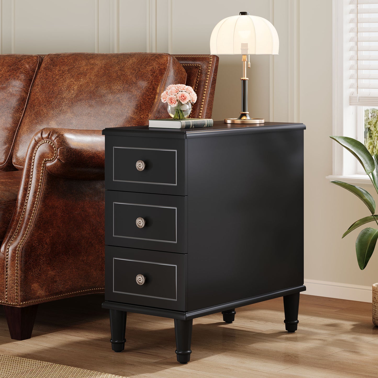 Lantine Side Tables with 3 Drawers, No Assembly Required, Narrow End Tables for Living Room, Nightstand Bedside Table for Bedroom, Black