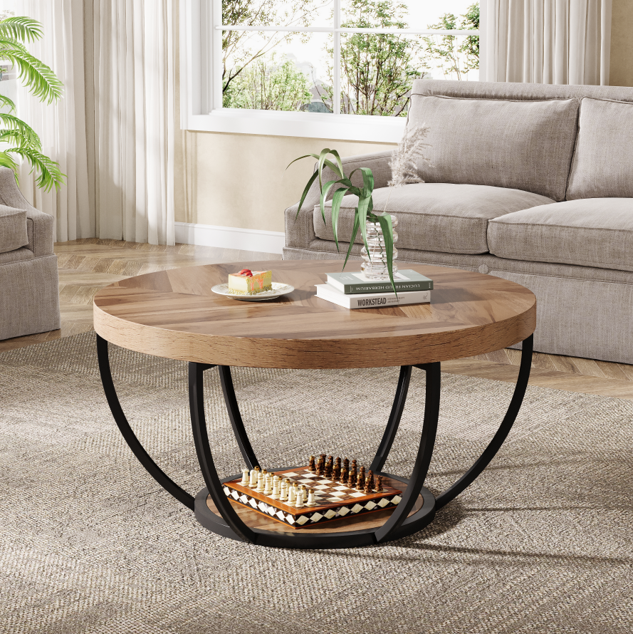 Lantine Coffee Table with 2 - Tier Storage Space, Round Wood Table w/ Arc - Shaped Design & Sturdy Metal Legs, in Modern Rustic Style for Living Room, Warm Brown and Black