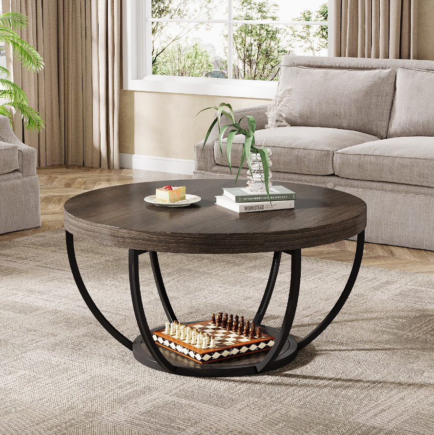 Lantine Coffee Table with 2 - Tier Storage Space, Round Wood Table w/ Arc - Shaped Design & Sturdy Metal Legs, in Modern Rustic Style for Living Room, Dark Grey and Black