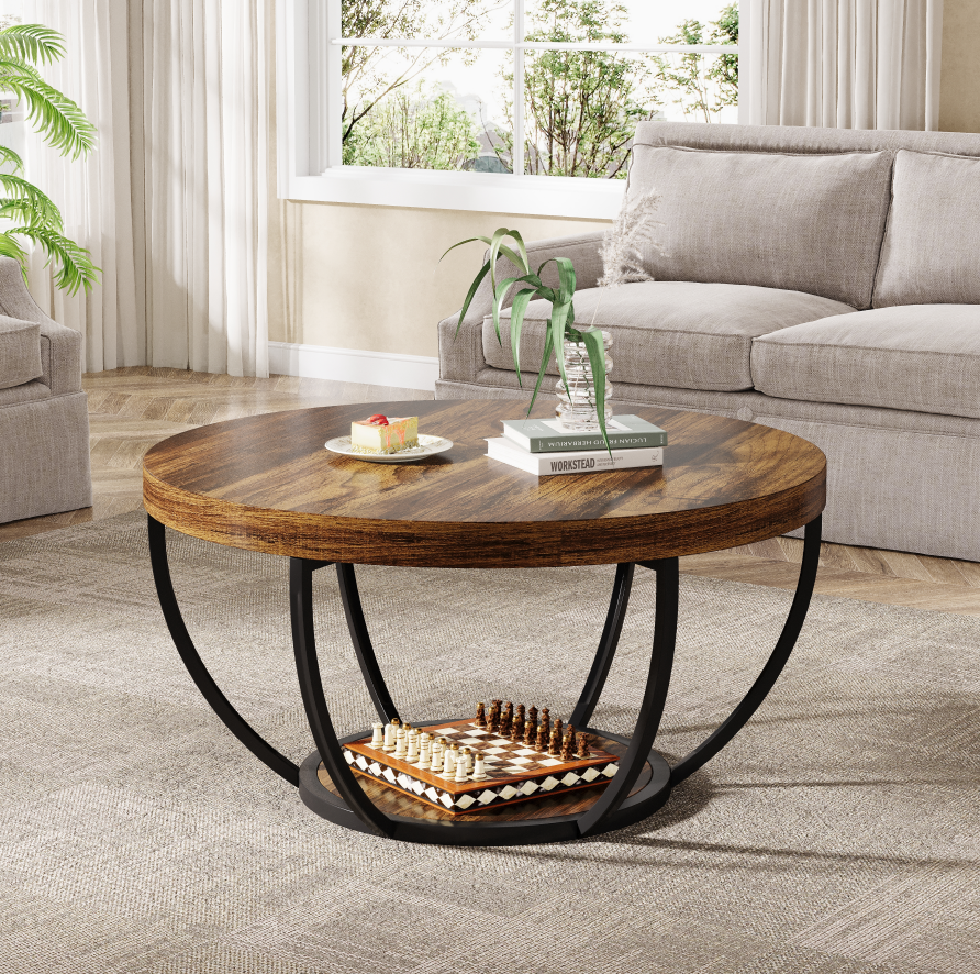 Lantine Coffee Table with 2 - Tier Storage Space, Round Wood Table w/ Arc - Shaped Design & Sturdy Metal Legs, in Modern Rustic Style for Living Room, Dark Brown and Black