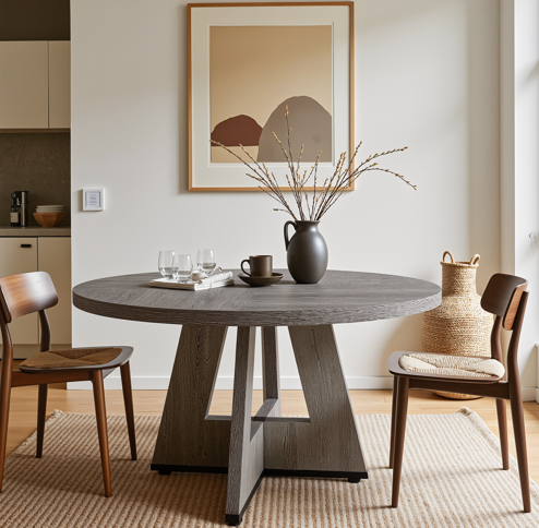 Lantine 47-inch Coffee Table, Round Dining Table for 4 People, Modern Farmhouse Wooden Kitchen Table for Dining Room, Kitchen, Living Room, Gray (Chairs Not Included)