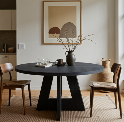 Lantine 47-inch Coffee Table, Round Dining Table for 4 People, Modern Farmhouse Wooden Kitchen Table for Dining Room, Kitchen, Living Room, Black (Chairs Not Included)