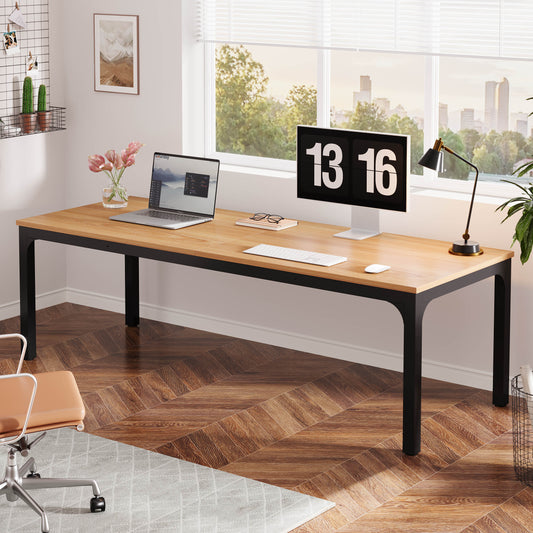 Lantine 78.7 - inch Computer Desk with Sturdy Wood Top, 2 Person Extra Long Desk, Large Modern Executive Desk, Thick Metal Frame, Suitable for Home Office, Study and Gaming, Woodtone and Black