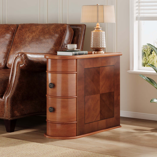Lantine Solid Wood Side Table with 2 Drawers, No Assembly Required, Narrow End Tables for Living Room, Nightstand Bedside Table for Bedroom, Walnut