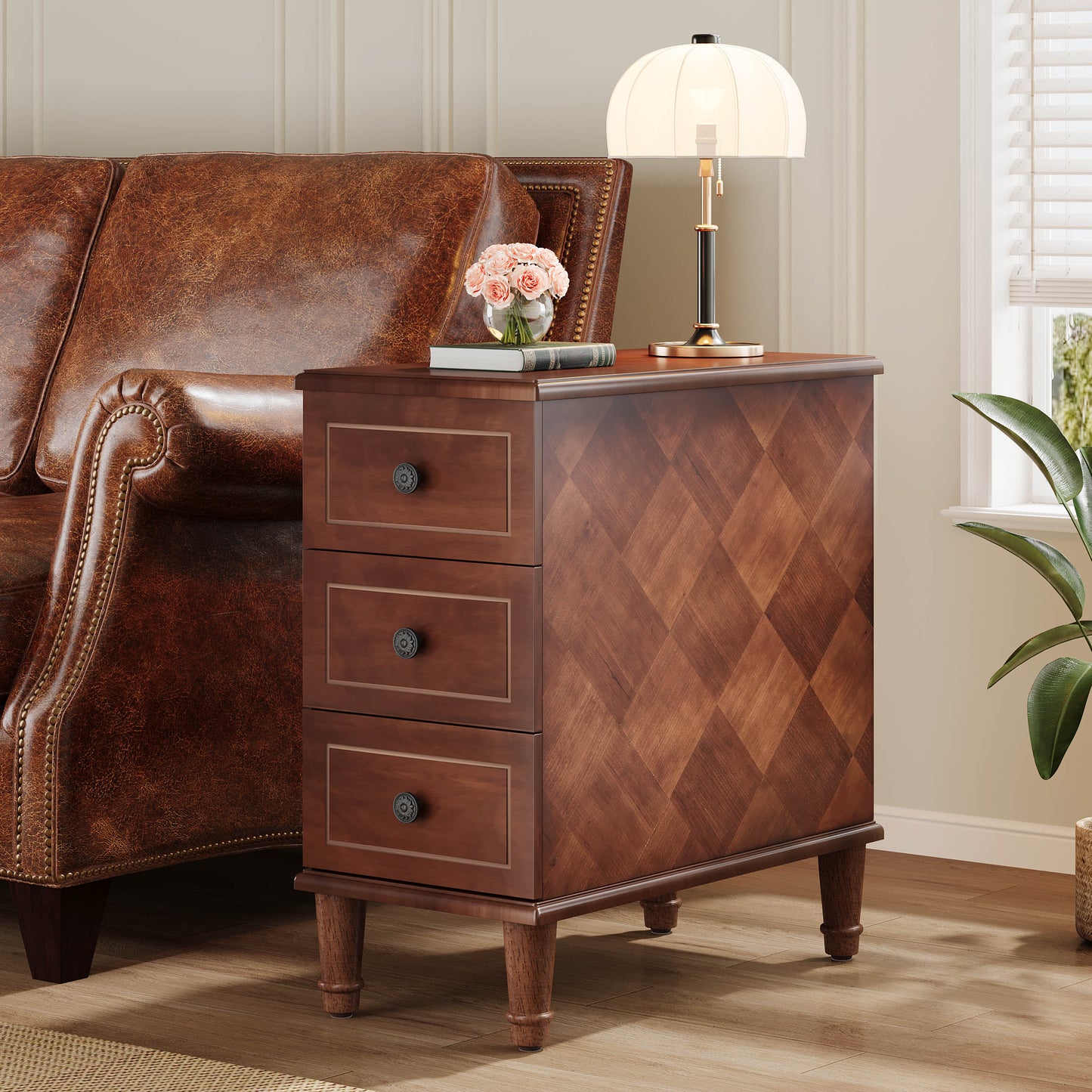 Lantine Side Tables with 3 Drawers, No Assembly Required, Narrow End Tables for Living Room, Nightstand Bedside Table for Bedroom, Walnut