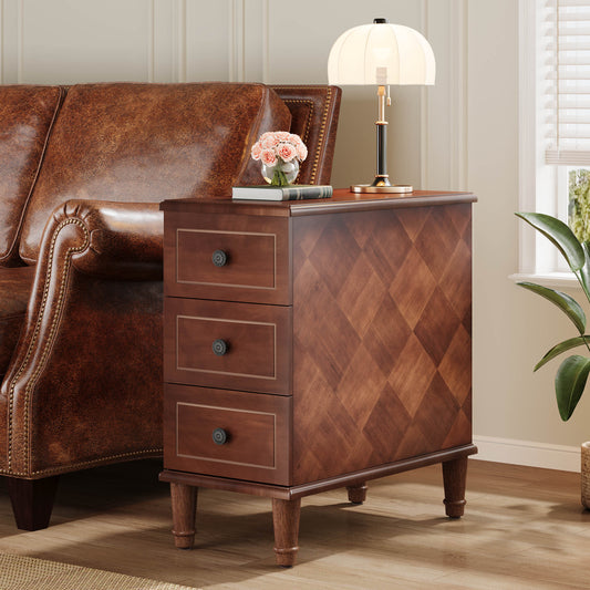Lantine Side Tables with 3 Drawers, No Assembly Required, Narrow End Tables for Living Room, Nightstand Bedside Table for Bedroom, Walnut