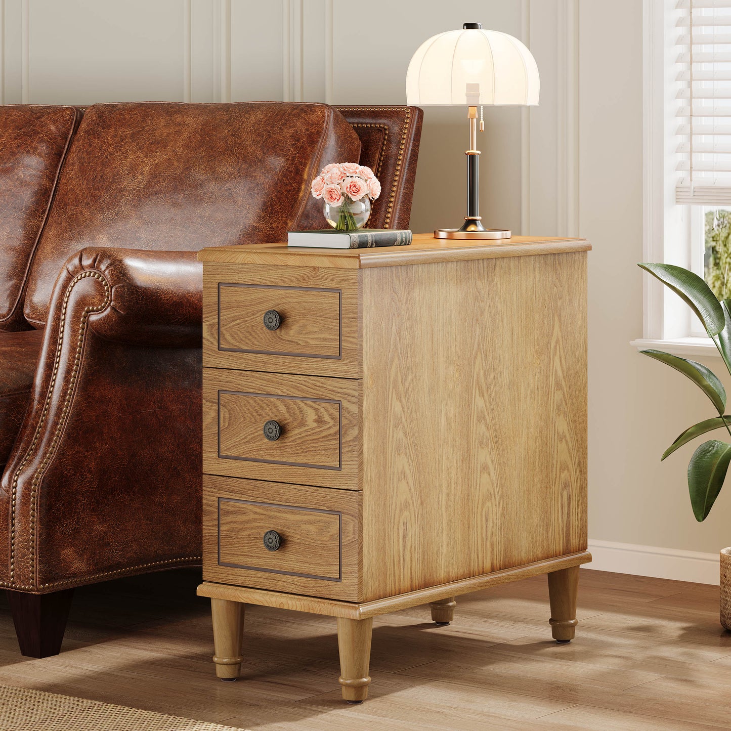 Lantine Side Tables with 3 Drawers, No Assembly Required, Narrow End Tables for Living Room, Nightstand Bedside Table for Bedroom, Woodtone