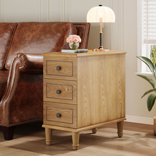 Lantine Side Tables with 3 Drawers, No Assembly Required, Narrow End Tables for Living Room, Nightstand Bedside Table for Bedroom, Woodtone