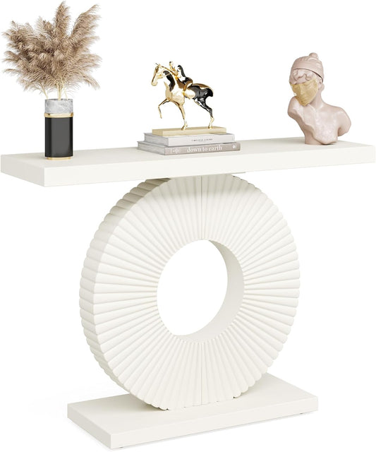 Lantine Console Table, 40" Wood Modern Art Narrow Long Side Table, Entryway Table with Round Base, Sofa Table, Accent Table for Living Room, Entryway, Hallway, White