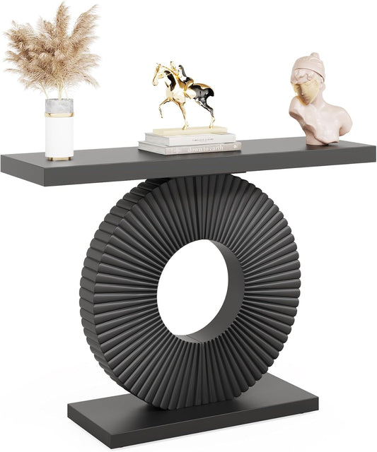 Lantine Console Table, 40" Wood Modern Art Narrow Long Side Table, Entryway Table with Round Base, Sofa Table, Accent Table for Living Room, Entryway, Hallway, Black