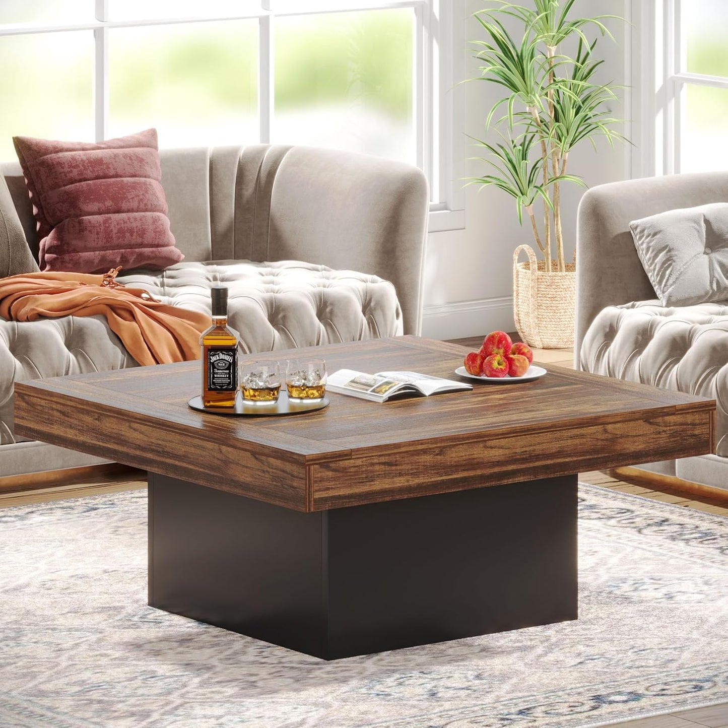Lantine Coffee Table with LED Lights, 36" Square Wood End Table, Modern Farmhouse Center Table, Coffee Table for Living Room, Dark Brown and Black