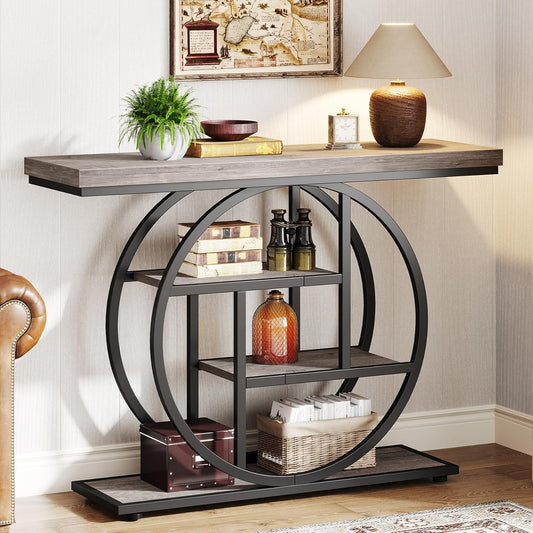 Lantine Console Table, Entryway Table with 4-Tier Storage Shelves, 42" Wood Modern Narrow Long Side Table, , Sofa Table, Accent Table for Living Room, Entryway, Hallway, Gray and Black