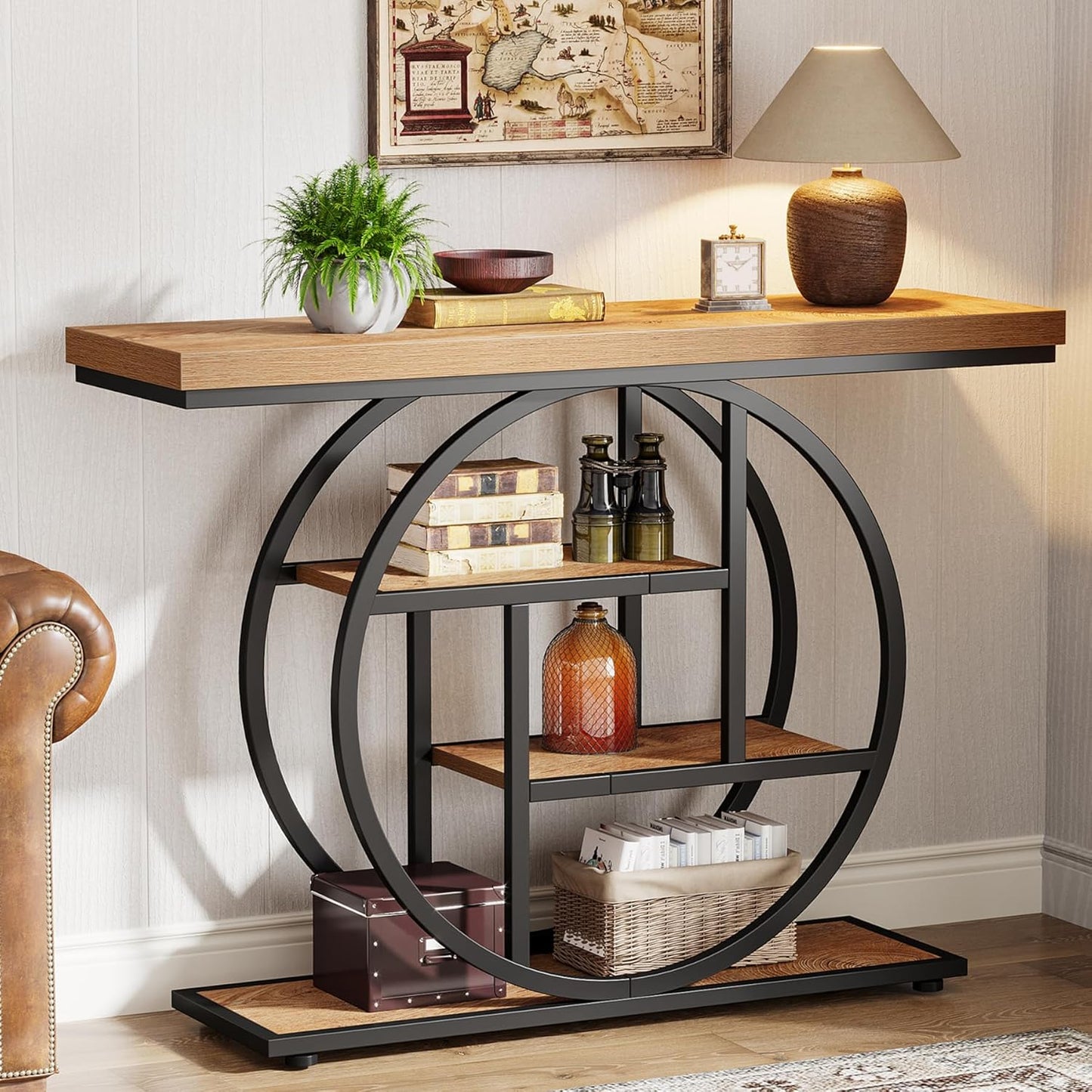 Lantine Console Table, Entryway Table with 4-Tier Storage Shelves, 42" Wood Modern Narrow Long Side Table, , Sofa Table, Accent Table for Living Room, Entryway, Hallway, Light Brown and Black