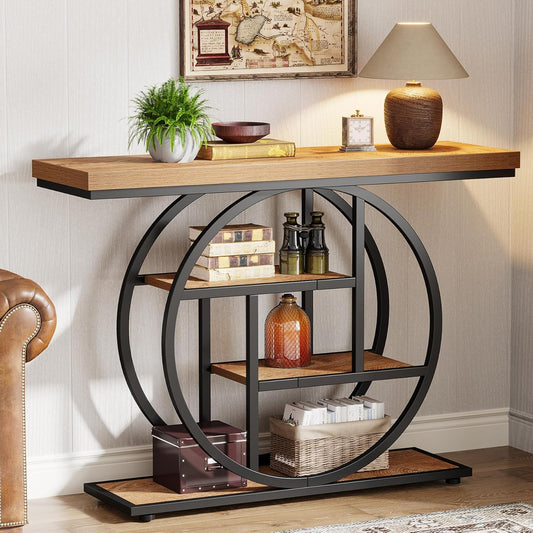 Lantine Console Table, Entryway Table with 4-Tier Storage Shelves, 42" Wood Modern Narrow Long Side Table, , Sofa Table, Accent Table for Living Room, Entryway, Hallway, Light Brown and Black