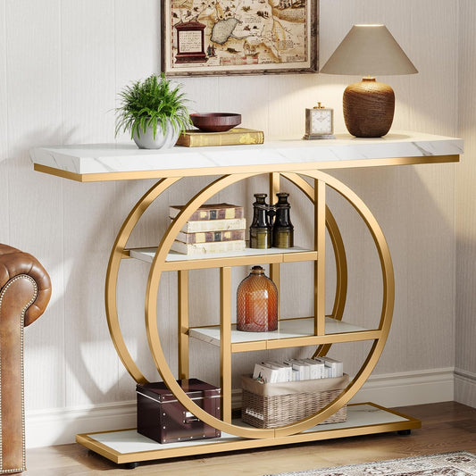 Lantine Console Table, Entryway Table with 4-Tier Storage Shelves, 42" Wood Modern Narrow Long Side Table, , Sofa Table, Accent Table for Living Room, Entryway, Hallway, White and Gold