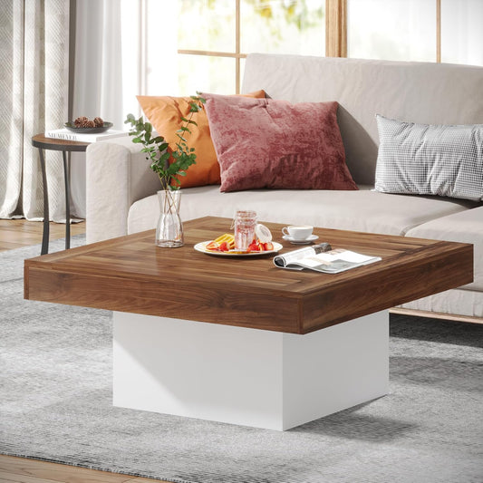Lantine Coffee Table with LED Lights, 36" Square Wood End Table, Modern Farmhouse Center Table, Coffee Table for Living Room, Warm Brown and White