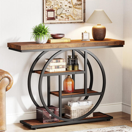 Lantine Console Table, Entryway Table with 4-Tier Storage Shelves, 42" Wood Modern Narrow Long Side Table, , Sofa Table, Accent Table for Living Room, Entryway, Hallway, Dark Brown and Black
