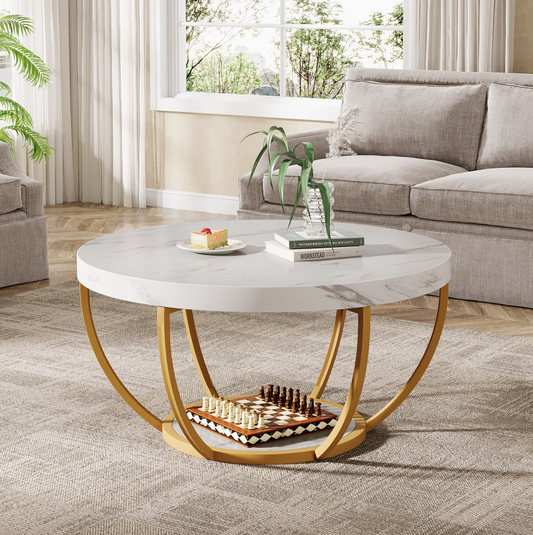Lantine Coffee Table with 2 - Tier Storage Space, Round Table w/ Arc - Shaped Design & Sturdy Metal Legs, in Modern Rustic Style for Living Room, White and Gold